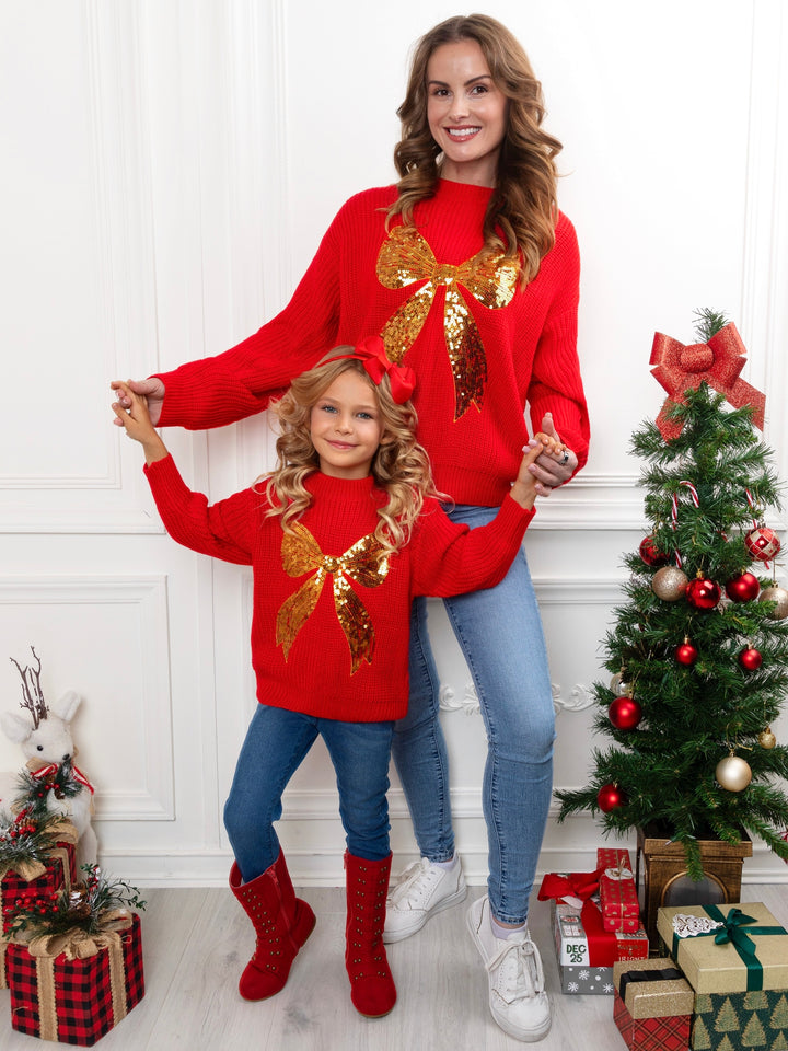 Mommy and Me Golden Glow Sequin Bow Sweater