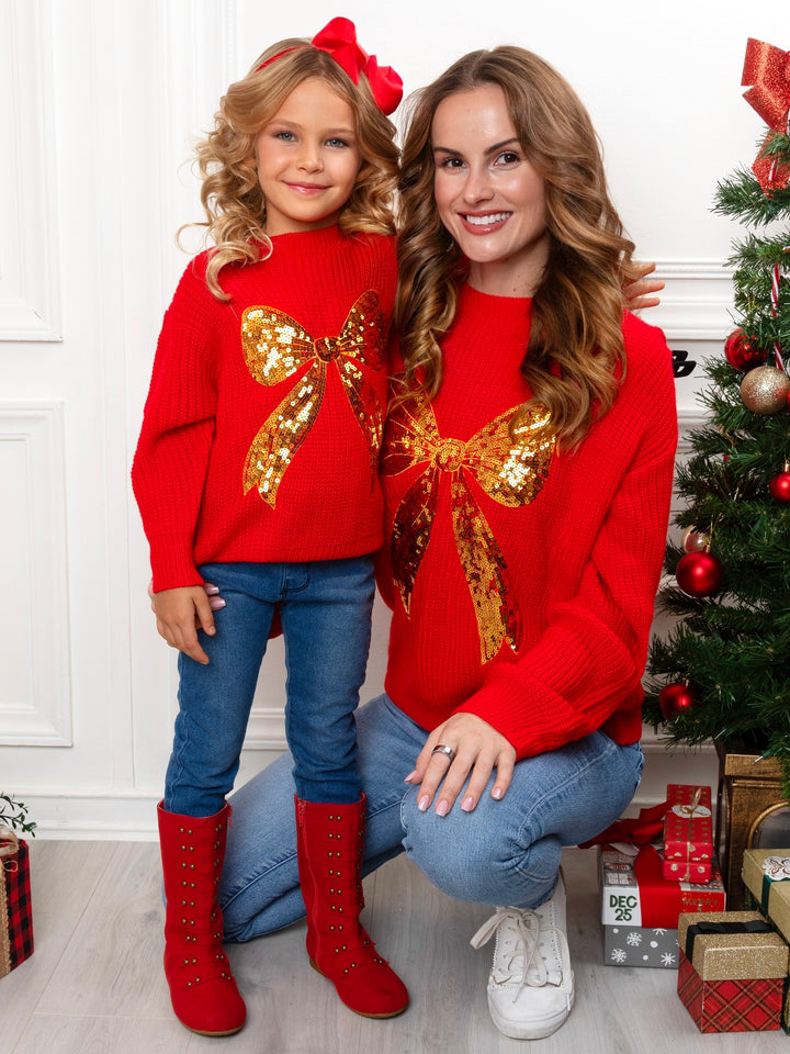 Mommy and Me Golden Glow Sequin Bow Sweater