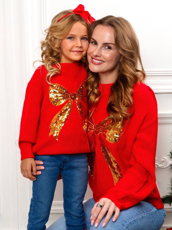 Mommy and Me Golden Glow Sequin Bow Sweater