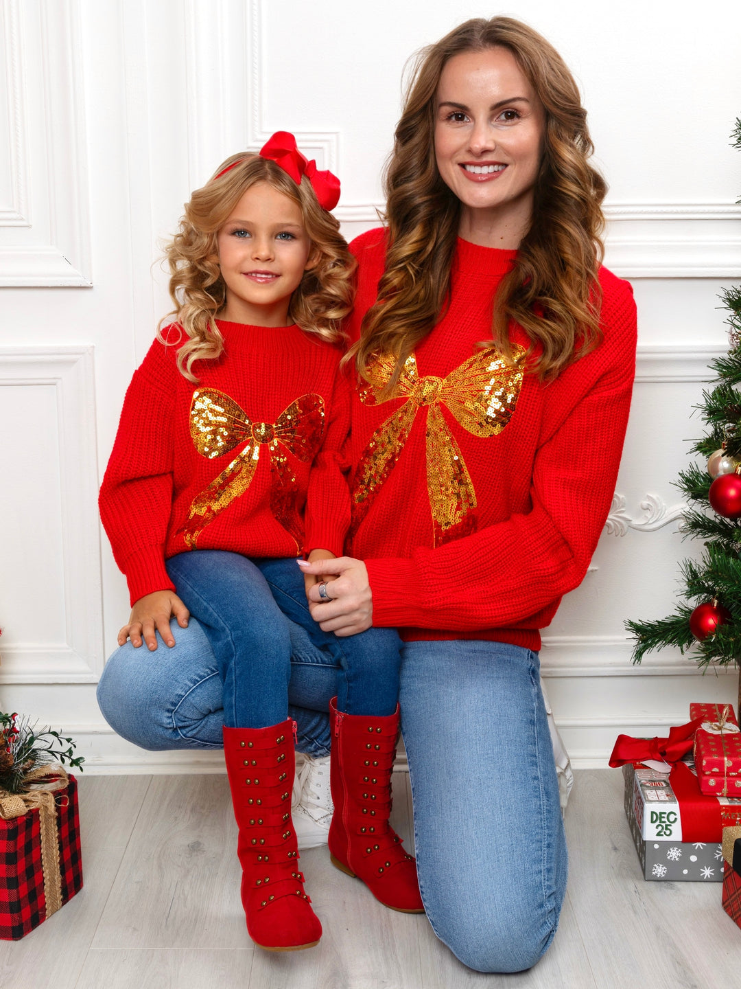 Mommy and Me Golden Glow Sequin Bow Sweater