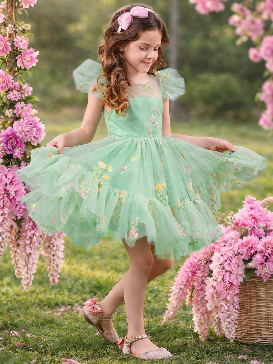 Girls sage green embroidered tulle dress for Easter and spring pictures