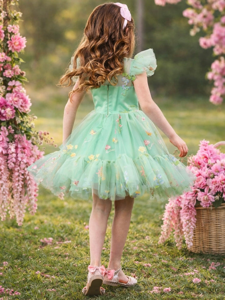 Sage green party dress for girls with floral embroidery and flutter sleeves