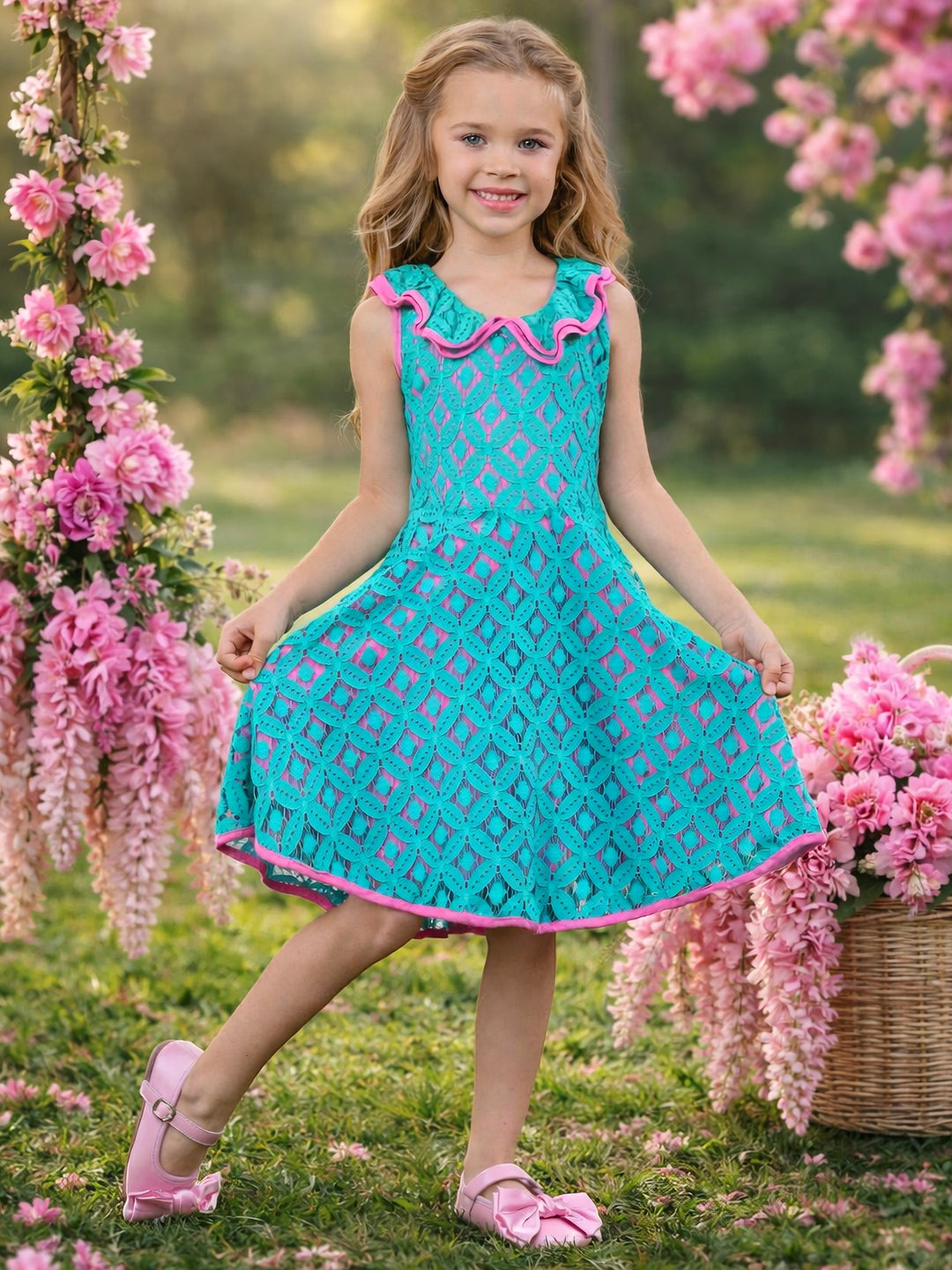 Girls teal lace party dress for Easter and spring pictures