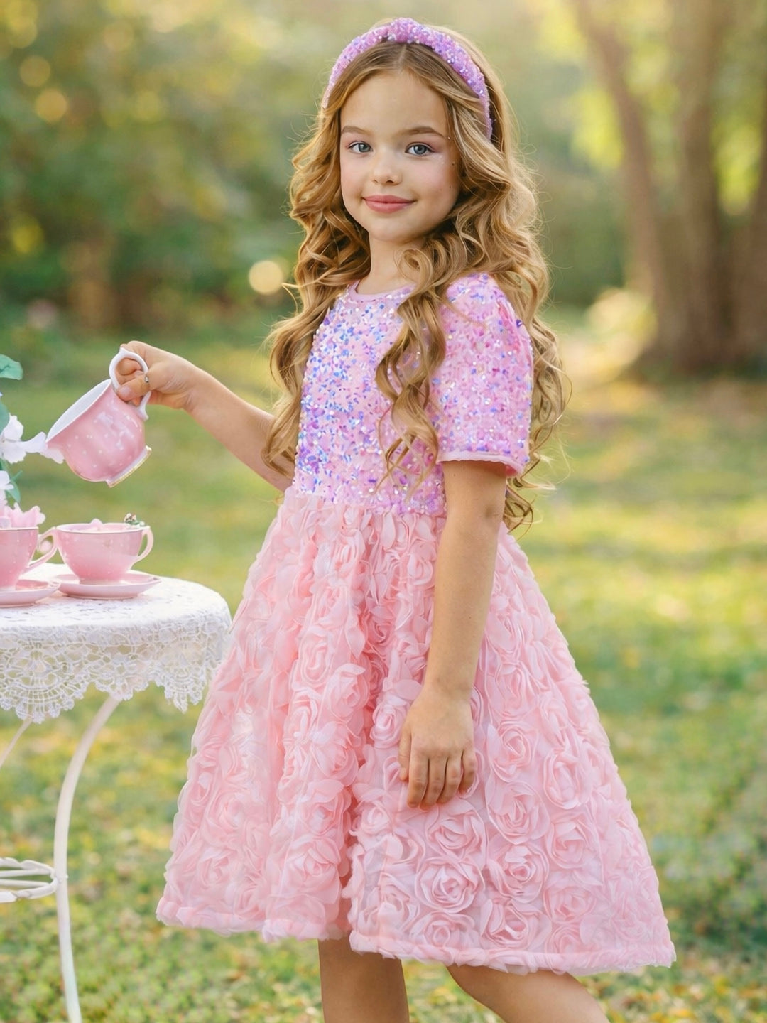 Girls pink sequin rosette party dress for Easter and graduation