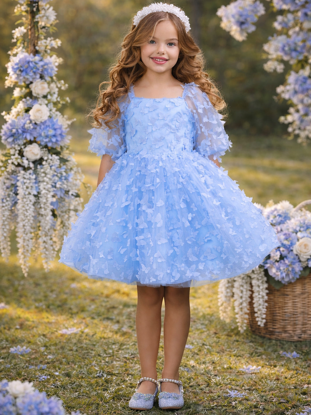 Girls blue butterfly tulle dress for Easter and graduation