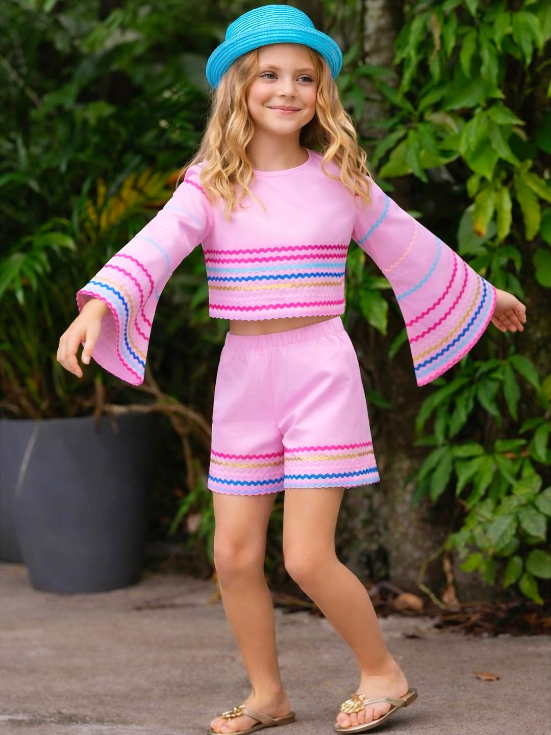 Sunset Waves Luxe Cotton Bell Sleeve Top and Short Set Mia Belle Girls