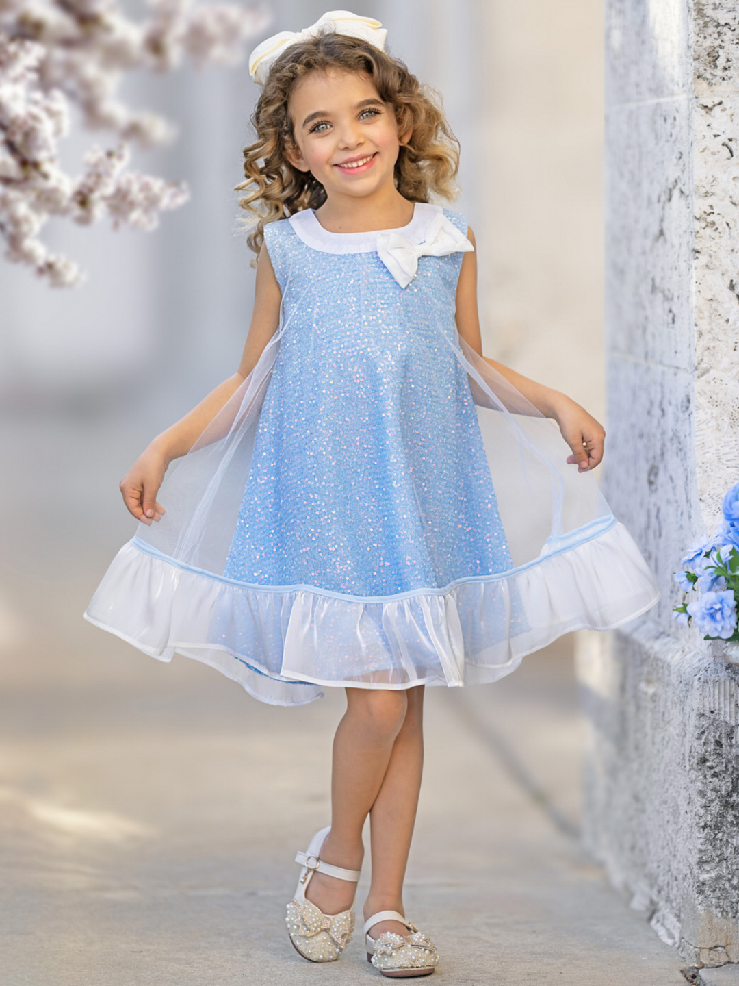 Sparkly Blue Bow Sequin Ruffle Dress Mia Belle Girls Sparkly Blue Bow Sequin Ruffle Dress Mia Belle Girls
