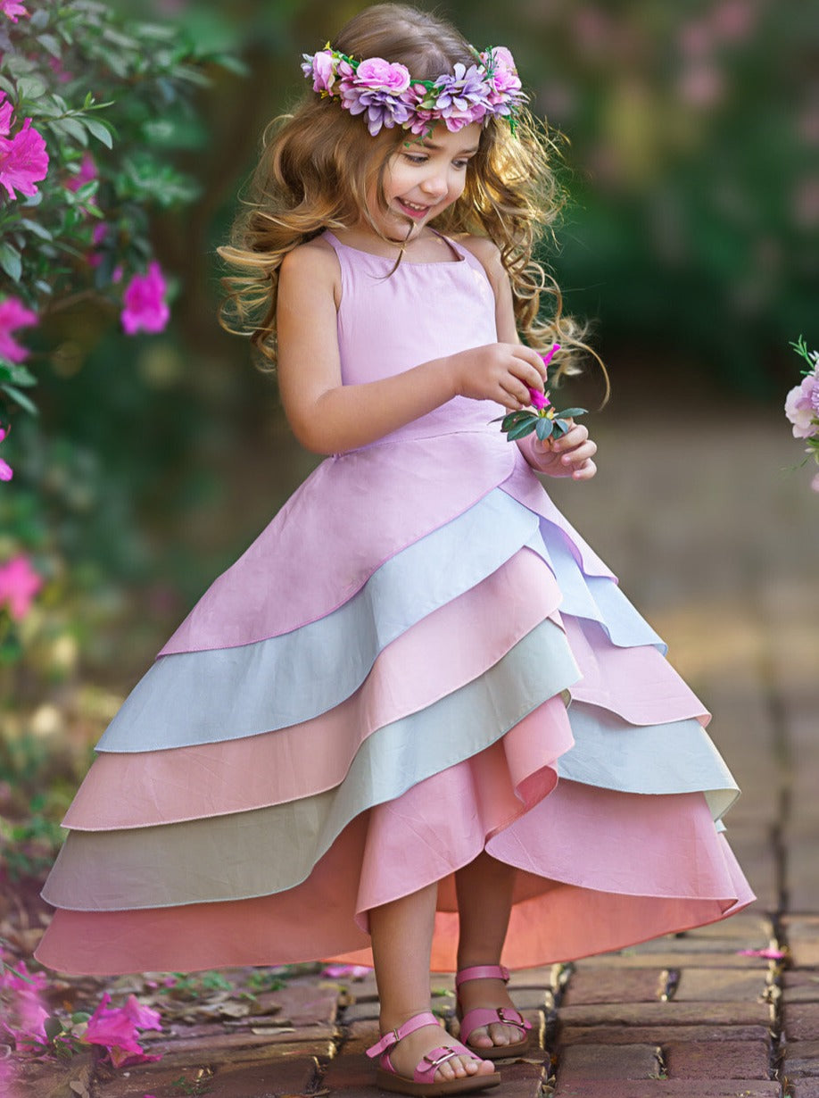 Pastel Color Dress For Kids Toddler Spring Dresses Girls Pastel Rainbow Tiered Hi-Lo Dress Pastel Color Dress For Kids Toddler Spring Dresses Girls Pastel Rainbow Tiered Hi-Lo Dress