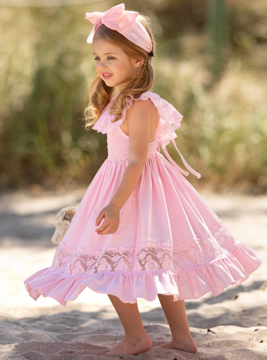 Cute Toddler Outfit Girls Spring Smocked Lace Ruffled Maxi Dress