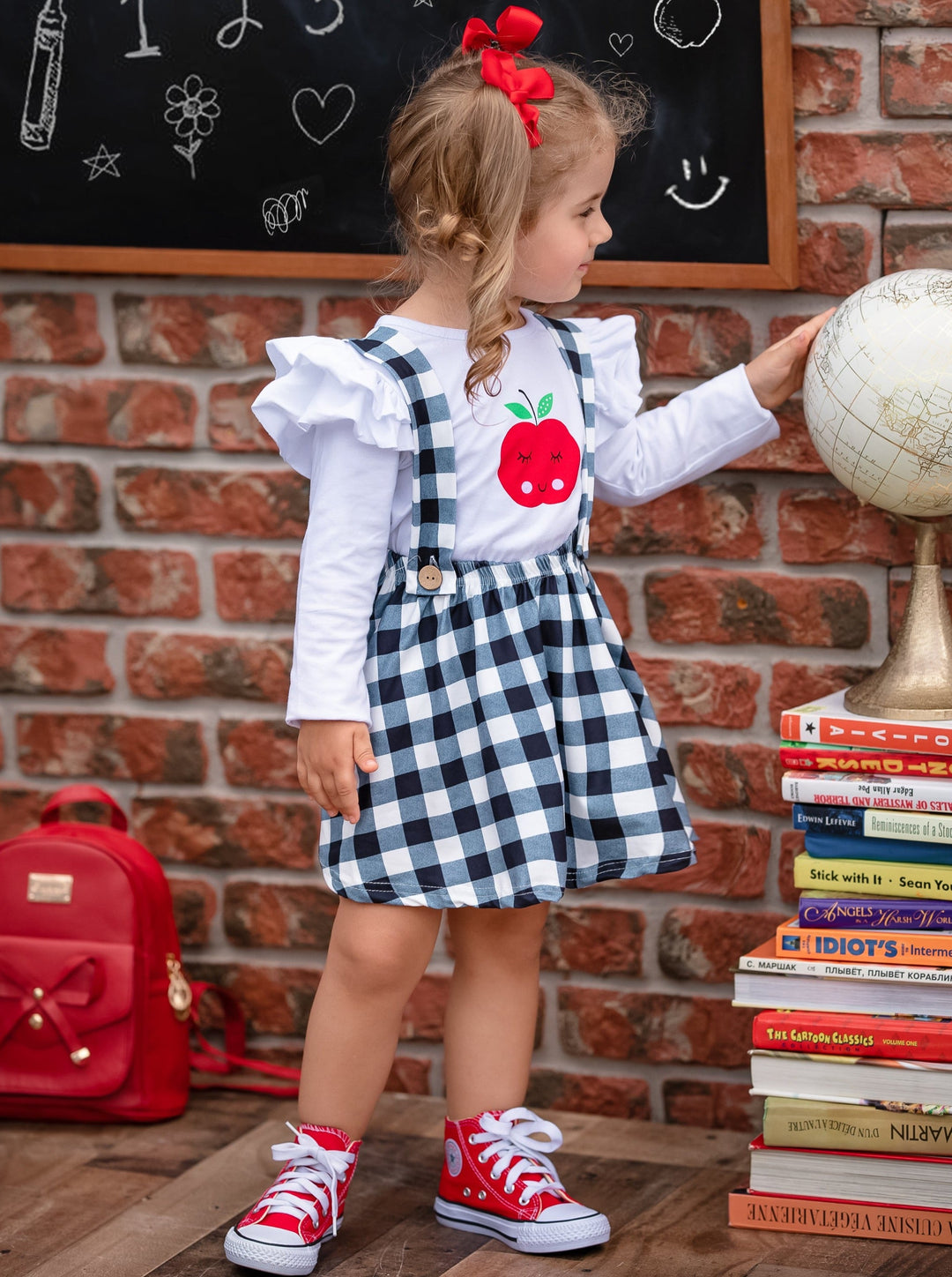 First Day Of School | Top & Plaid Overall Skirt Set | Mia Belle Girls