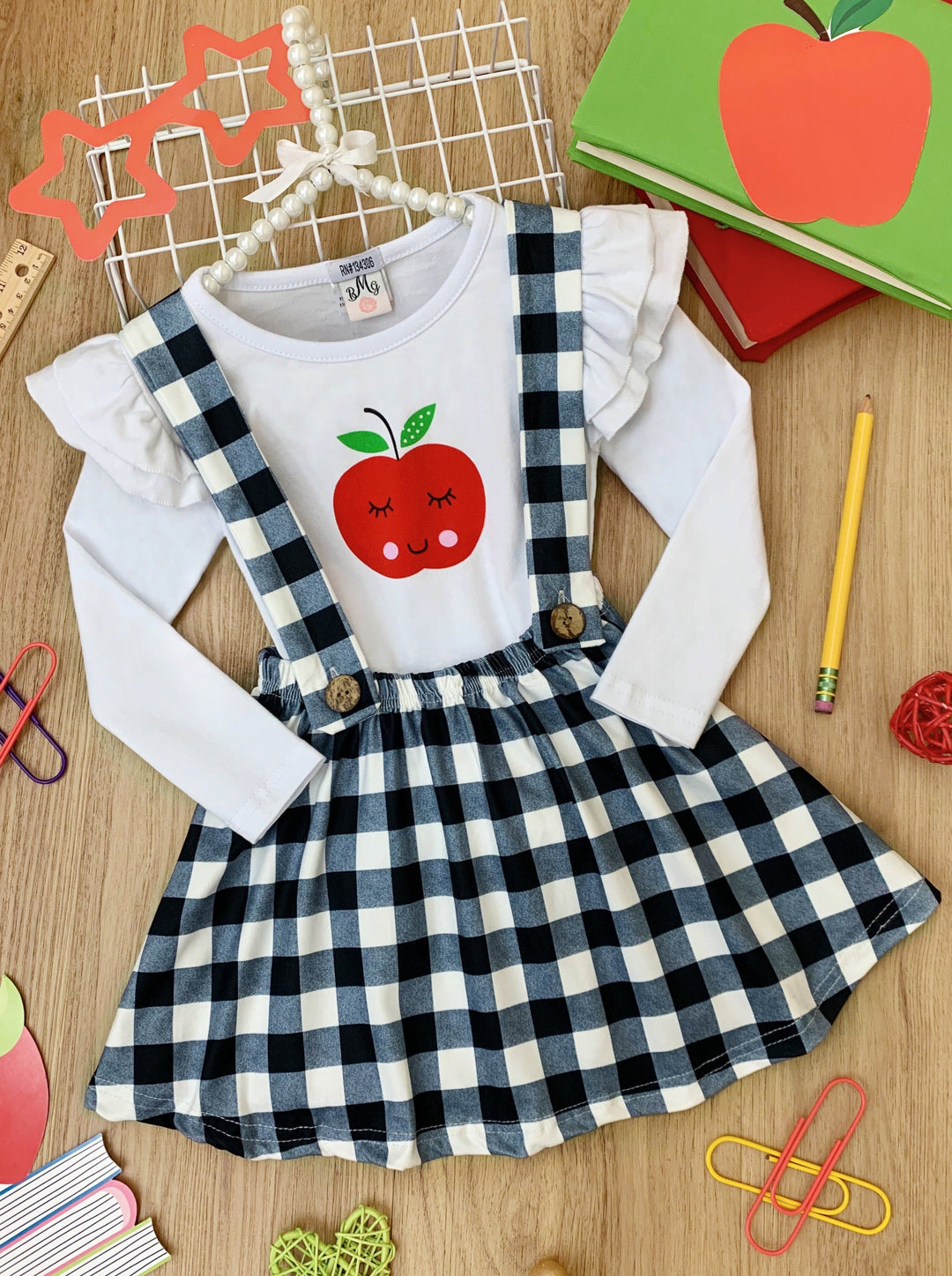 First Day Of School | Top & Plaid Overall Skirt Set | Mia Belle Girls