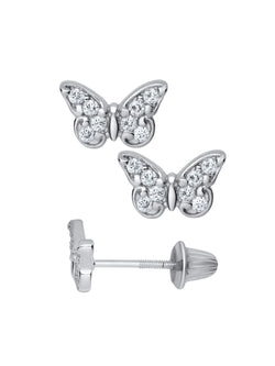 Girls Premium Sterling Silver White Gem Butterfly Stud Earrings