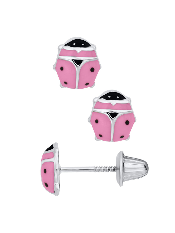 Sterling Silver Pink Ladybug Stud Earrings