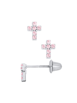Girls Premium Sterling Silver Pink Cross Stud Earrings