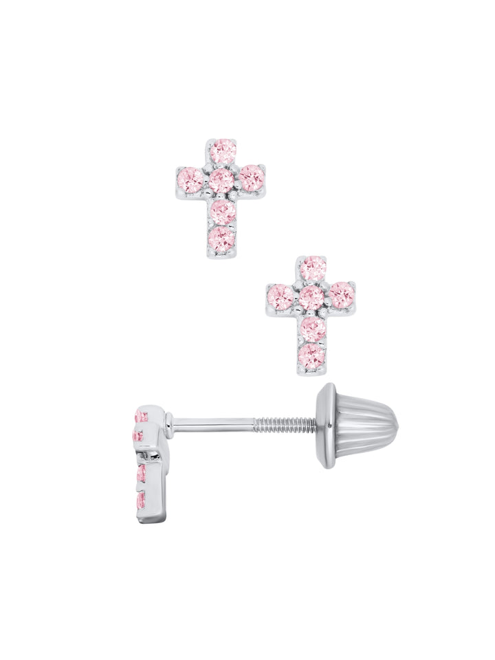 Sterling Silver Pink Cross Stud Earrings
