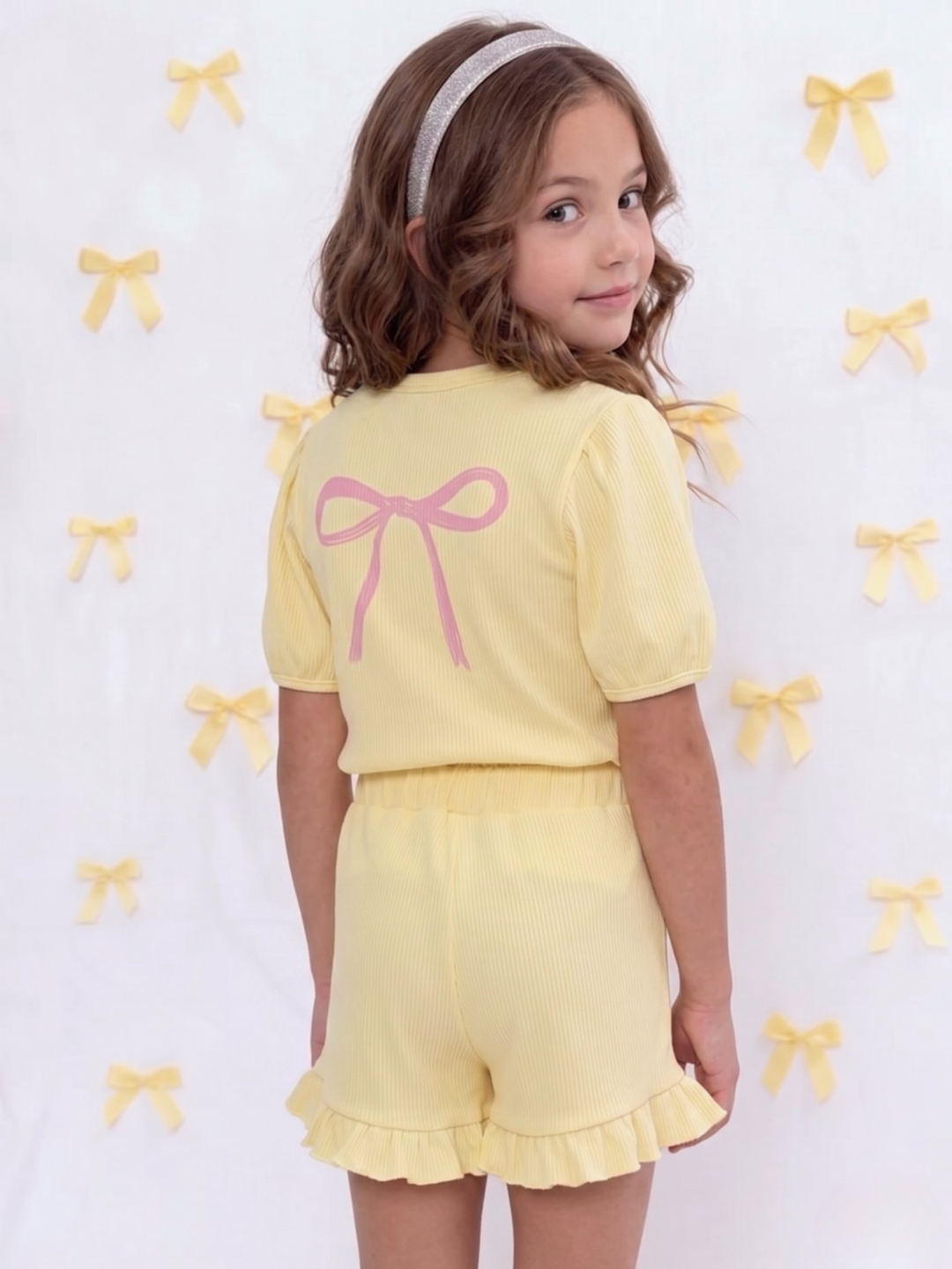 Effortless Coquette Waffle Knit Graphic Bow Top & Ruffle Short Set Mia Belle Girls