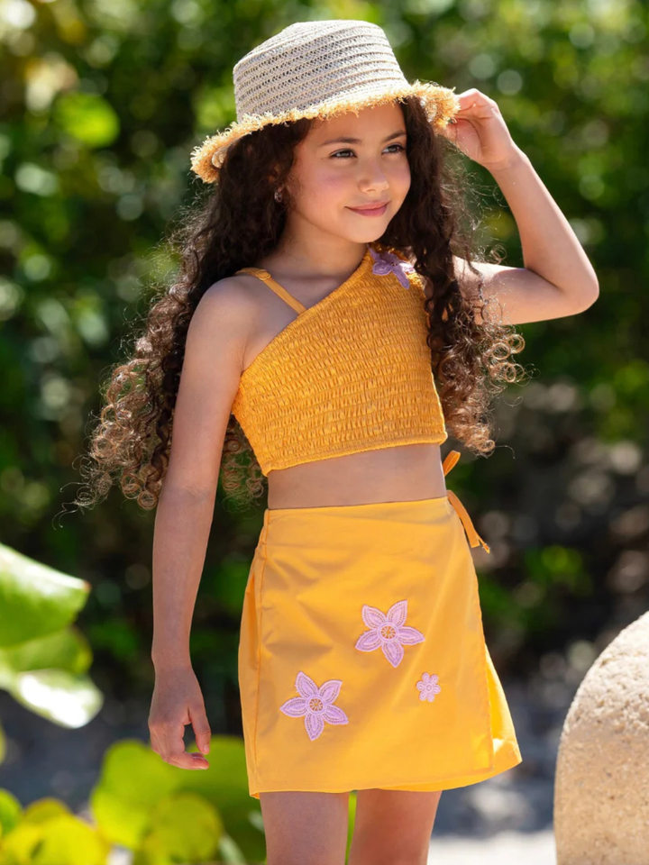 Sunshine Bloom Smocked One Shoulder Top and Skort Set Mia Belle Girls