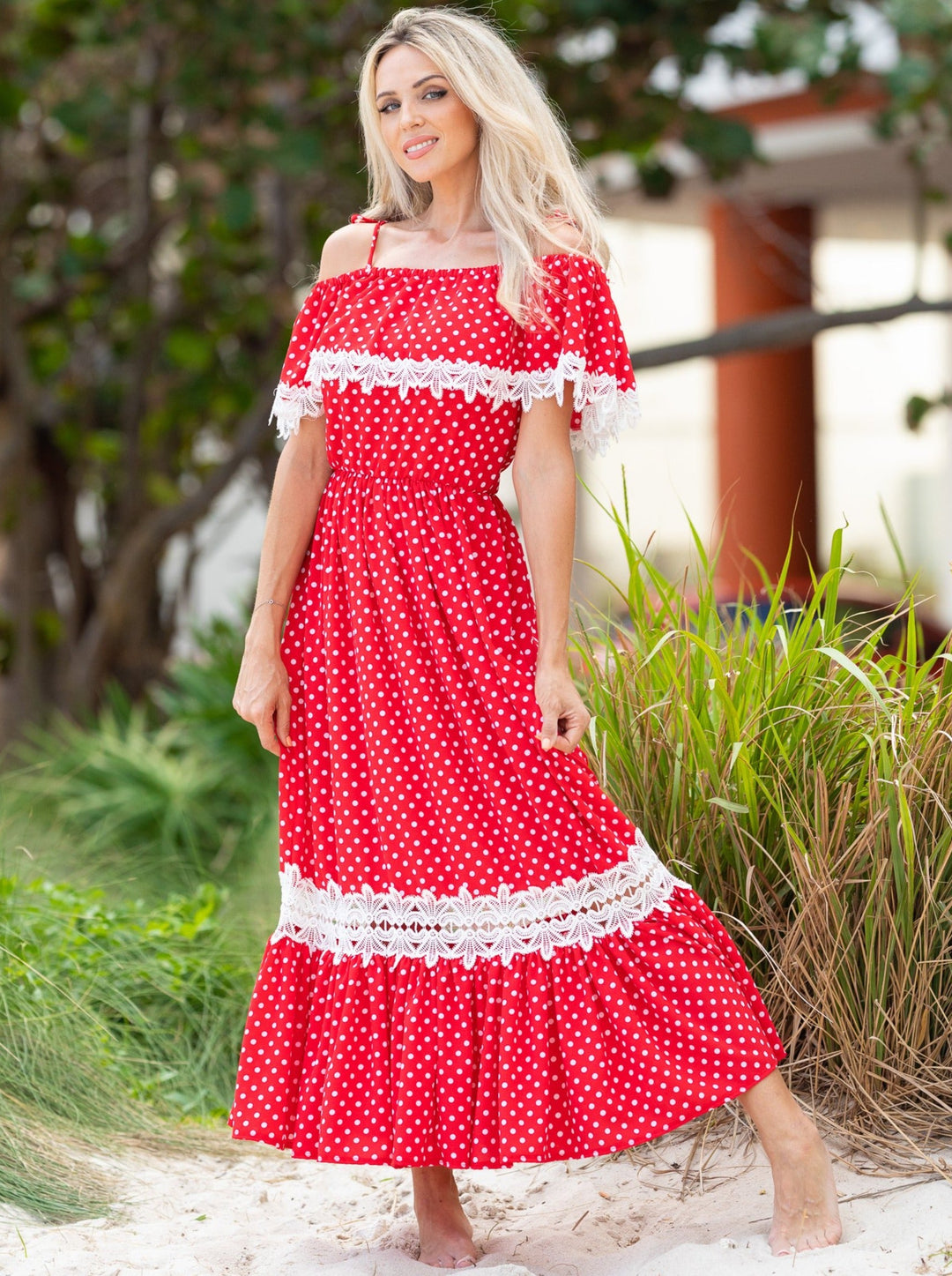 Mommy And Me Summer Polka Dot Crochet Boho Maxi Dress - Mia Belle Girls Mommy And Me Summer Polka Dot Crochet Boho Maxi Dress - Mia Belle Girls