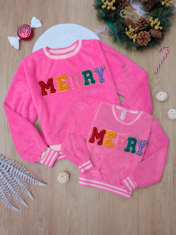 Mommy and Me Merry Embroidered Pink Furry Sweater