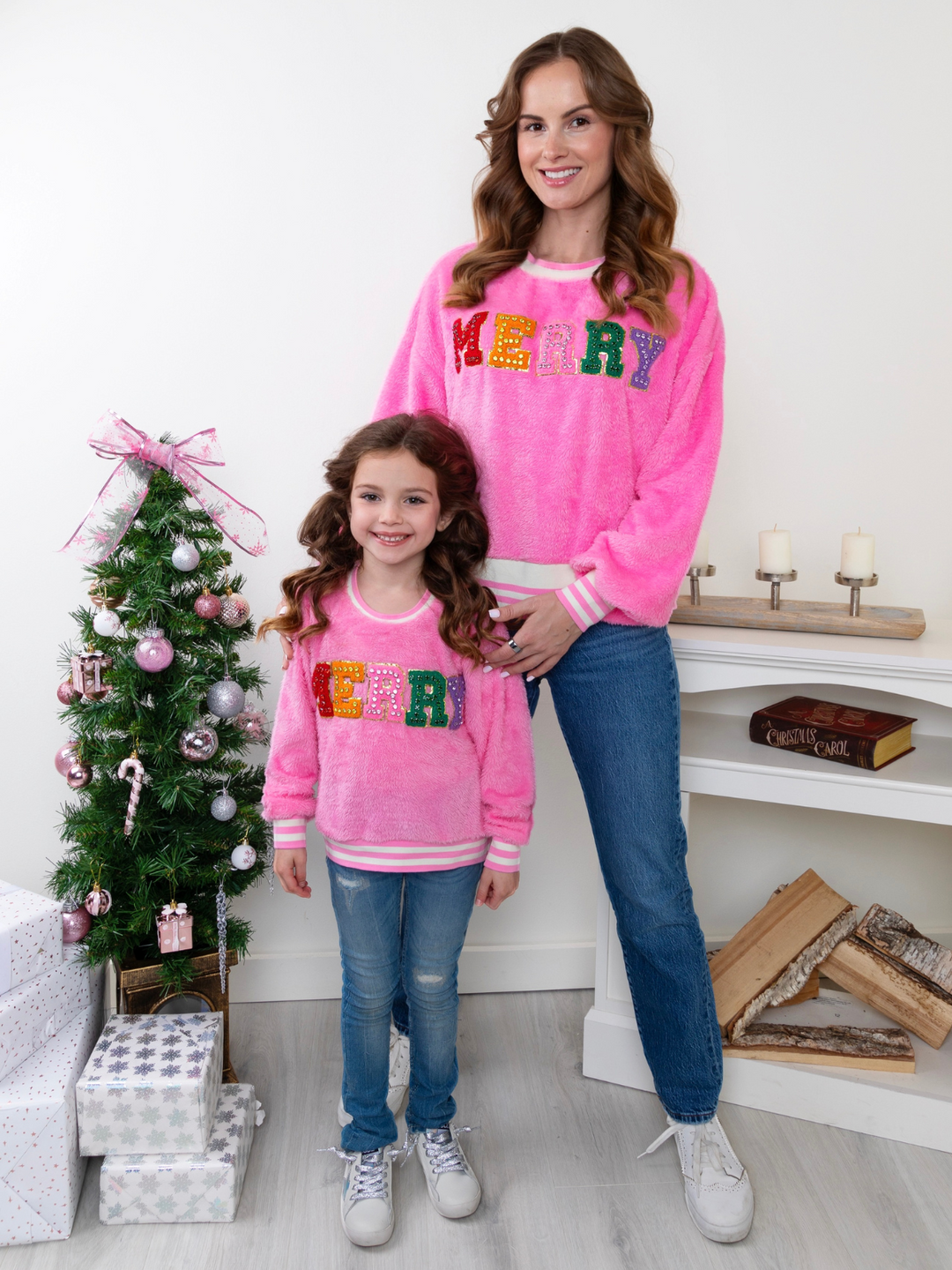 Mommy and Me Merry Embroidered Pink Furry Sweater