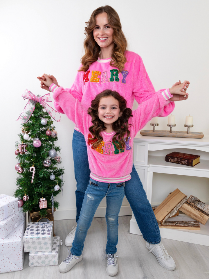 Mommy and Me Merry Embroidered Pink Furry Sweater