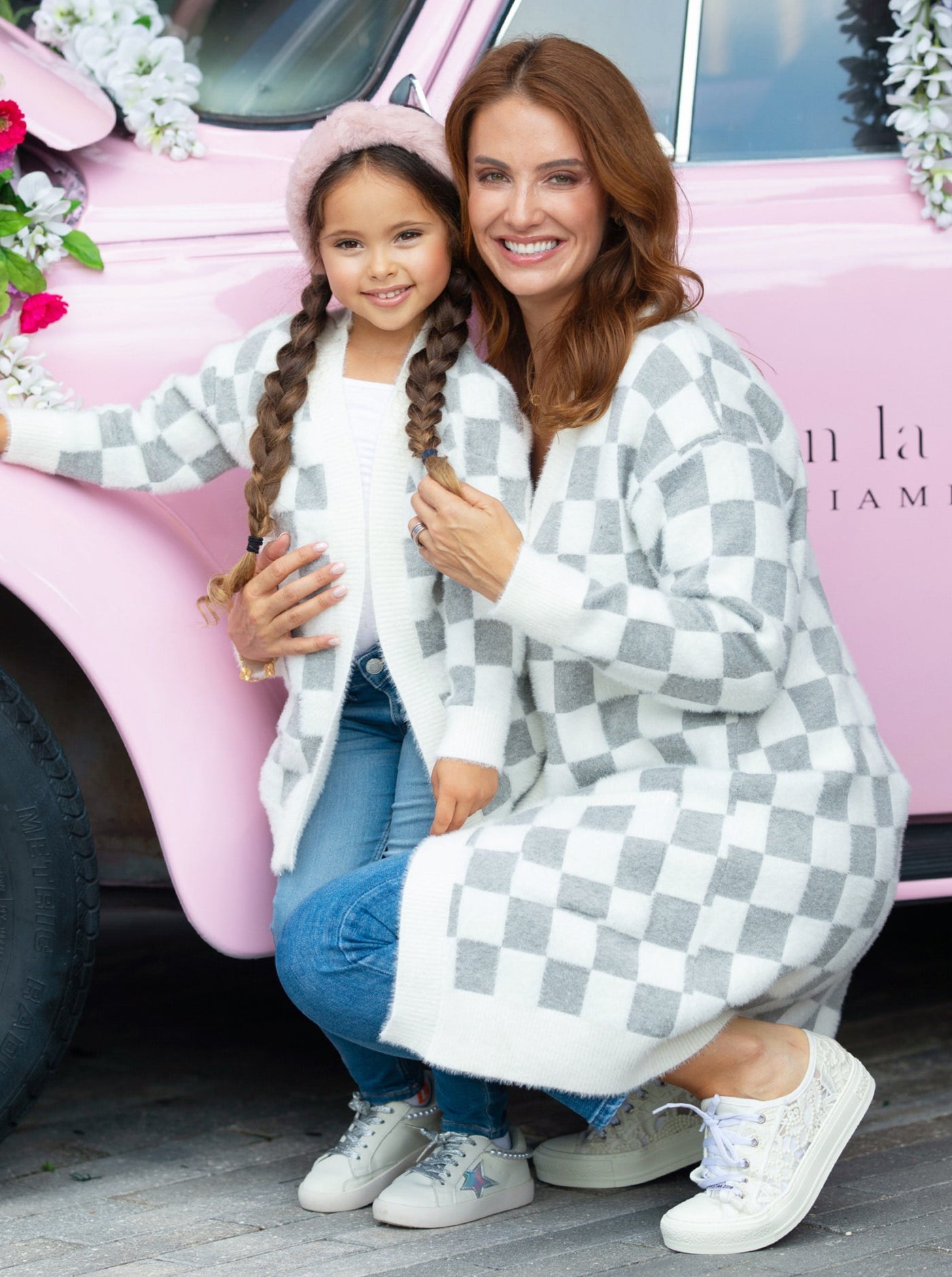 Mia Belle Girls Grey Checkered Open Cardigan | Mommy & Me Outfits