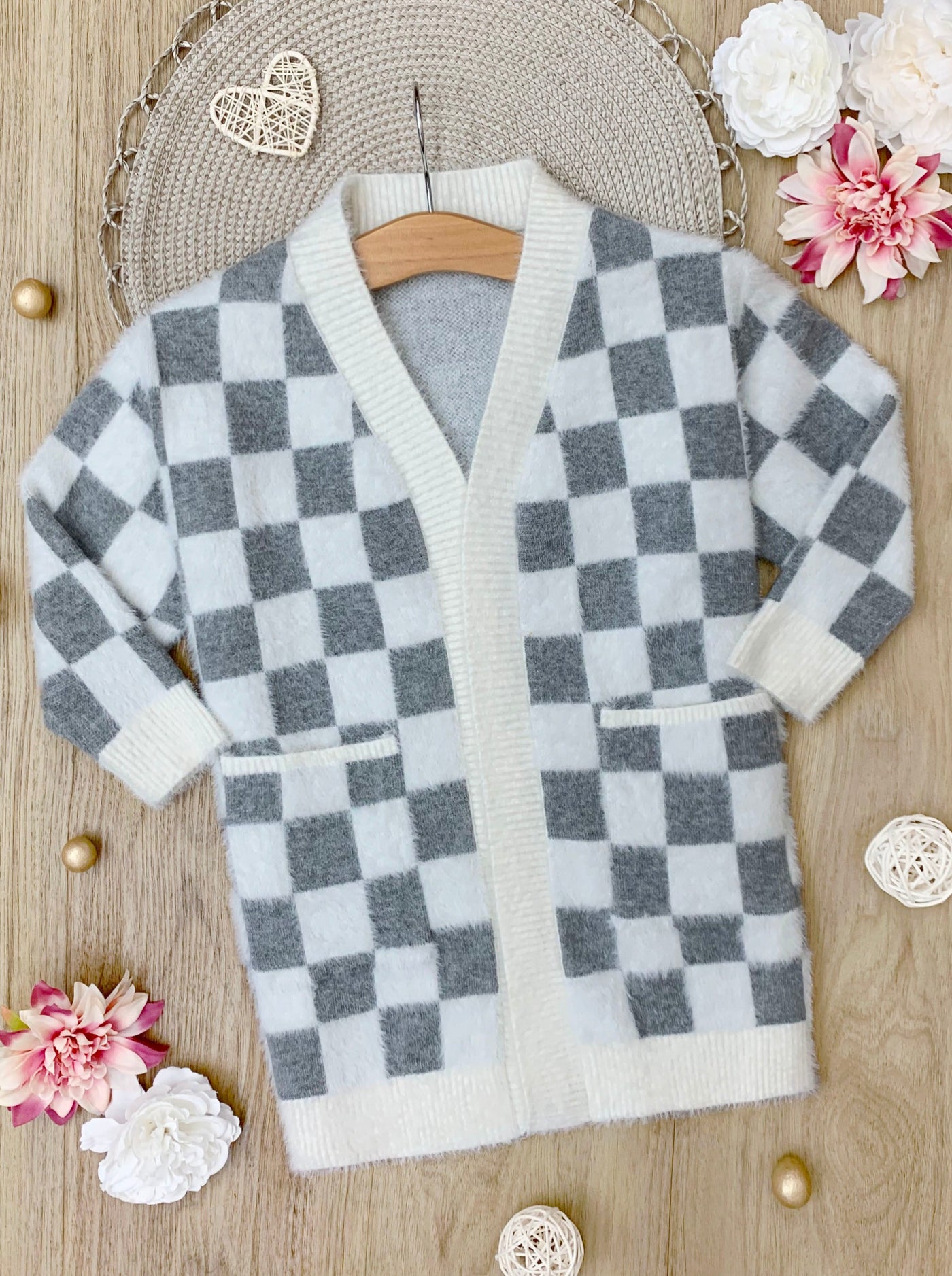 Mia Belle Girls Grey Checkered Open Cardigan | Mommy & Me Outfits
