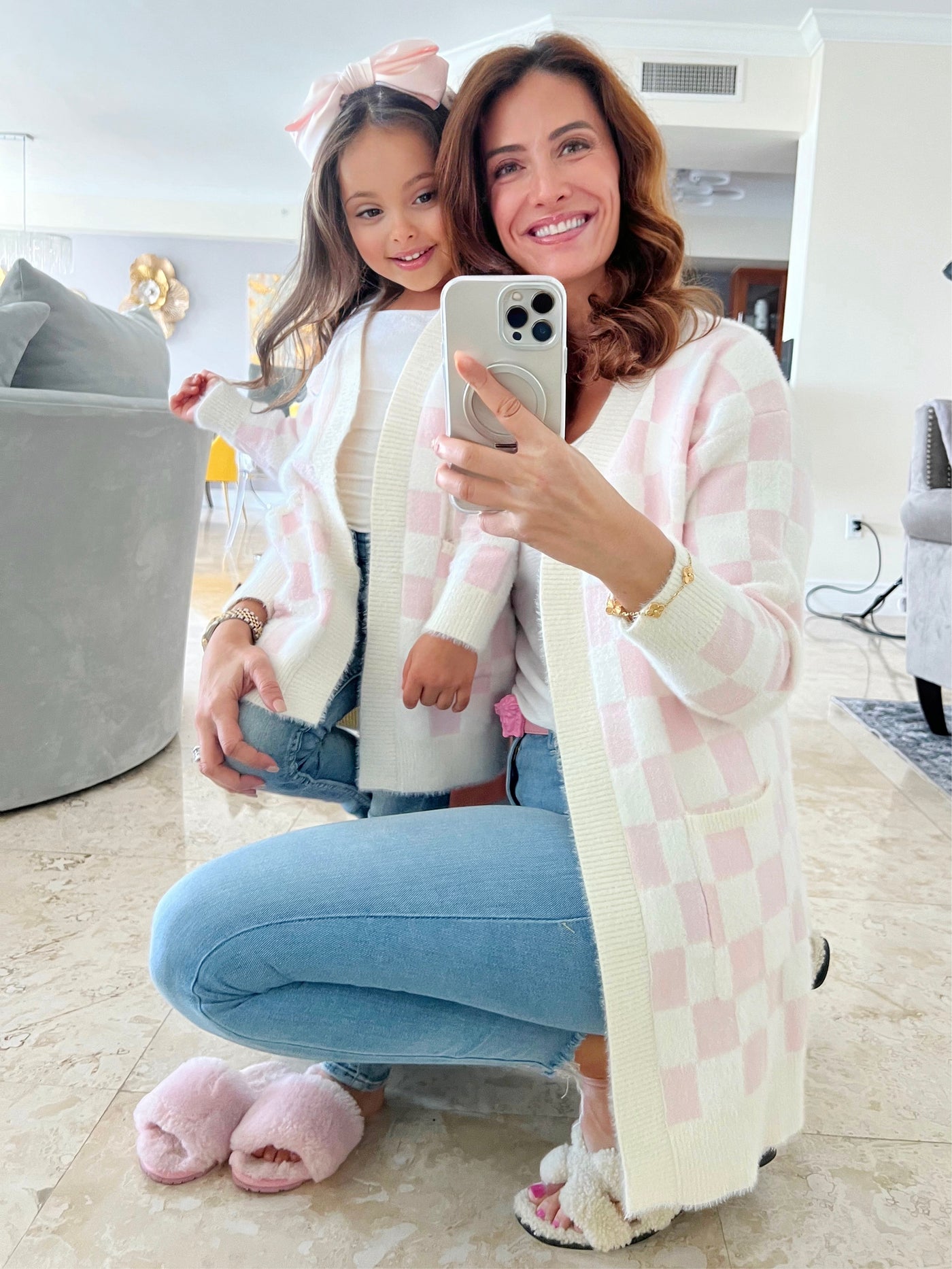 Mia Belle Girls Pink Checkered Open Cardigan | Mommy & Me Outfits