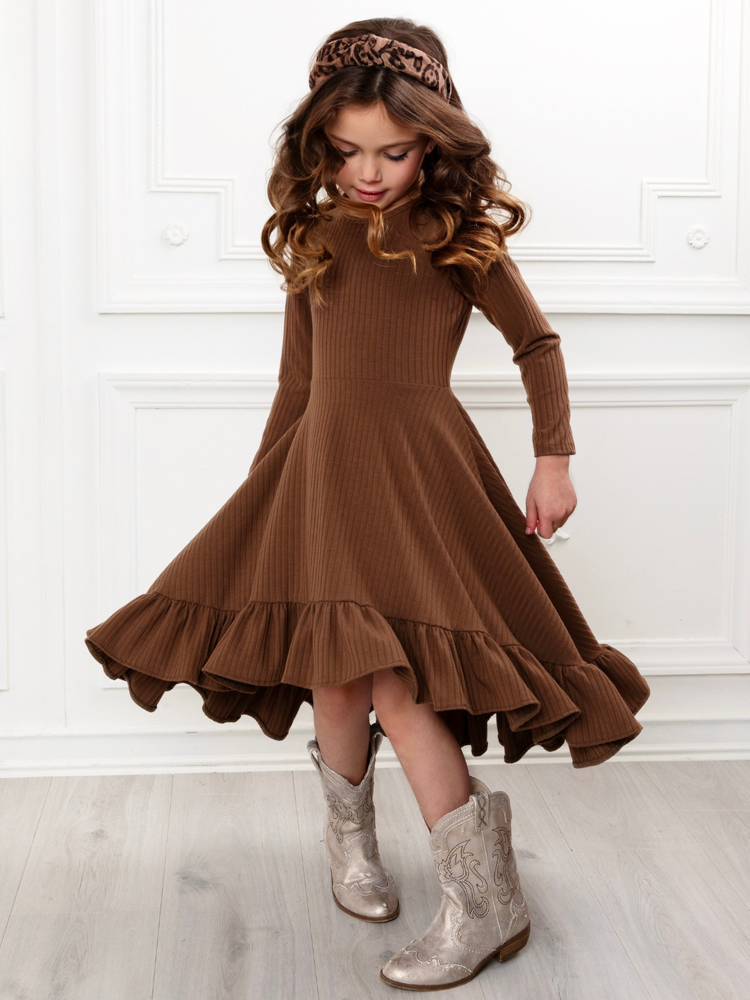 Mommy and Me Brown Ruffled Rib Hi-Lo Twirl Dress
