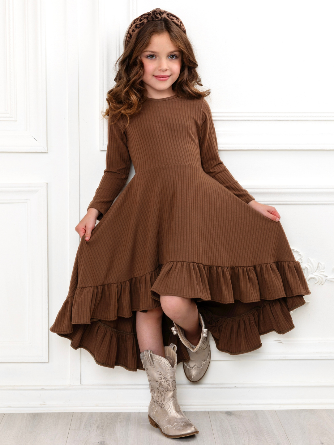 Mommy and Me Brown Ruffled Rib Hi-Lo Twirl Dress Brown / 2T/3T Mommy and Me Brown Ruffled Rib Hi-Lo Twirl Dress Brown / 2T/3T