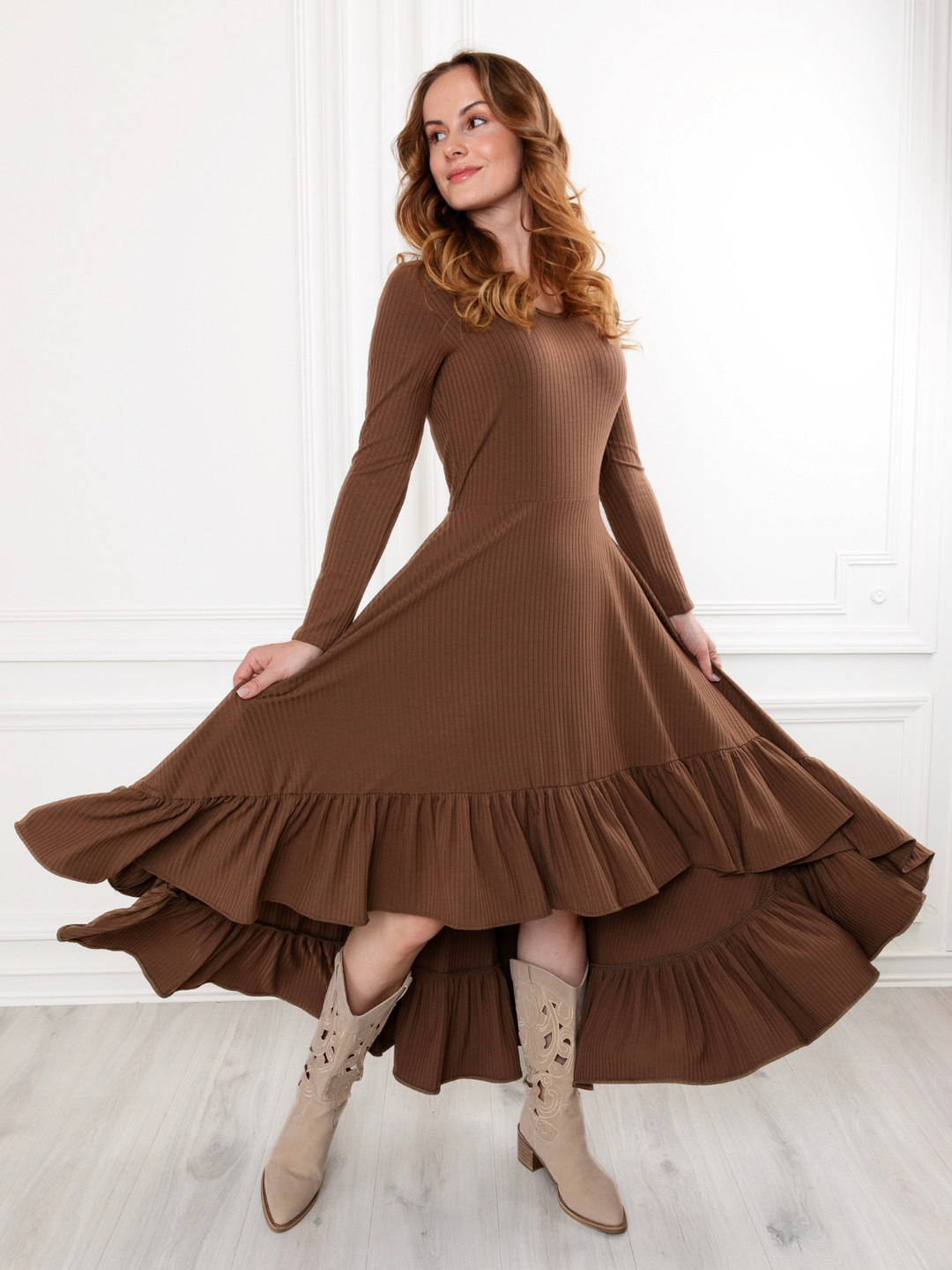 Mommy and Me Brown Ruffled Rib Hi-Lo Twirl Dress