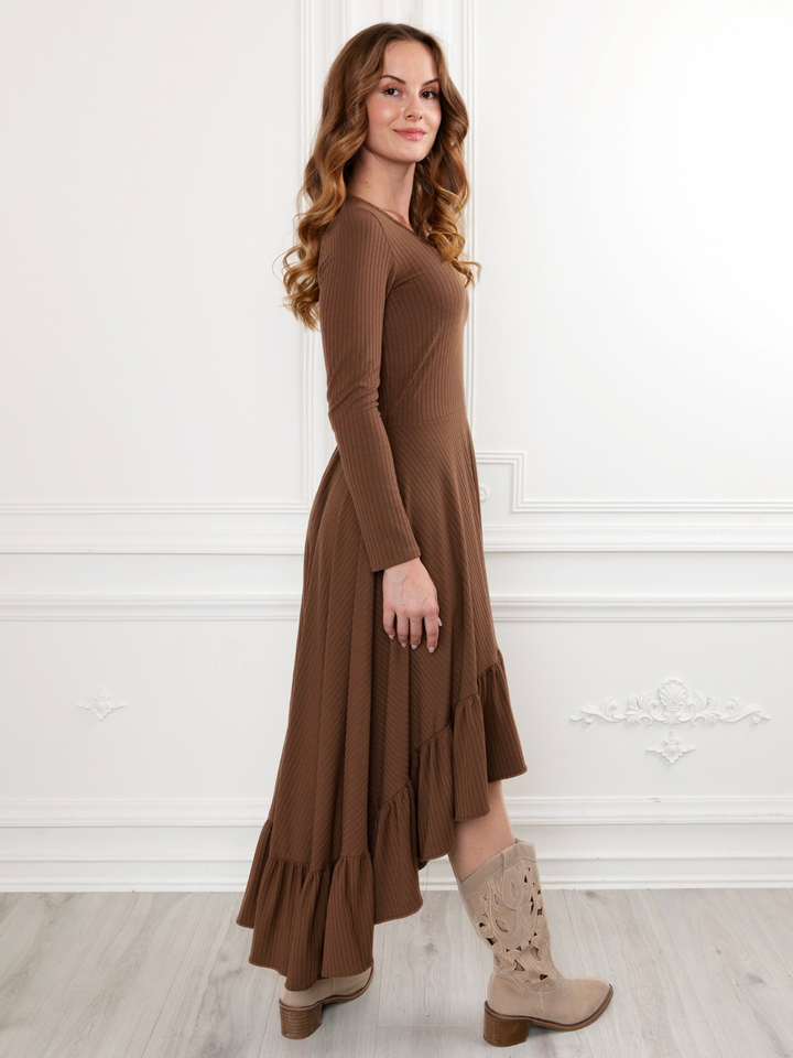 Mommy and Me Brown Ruffled Rib Hi-Lo Twirl Dress