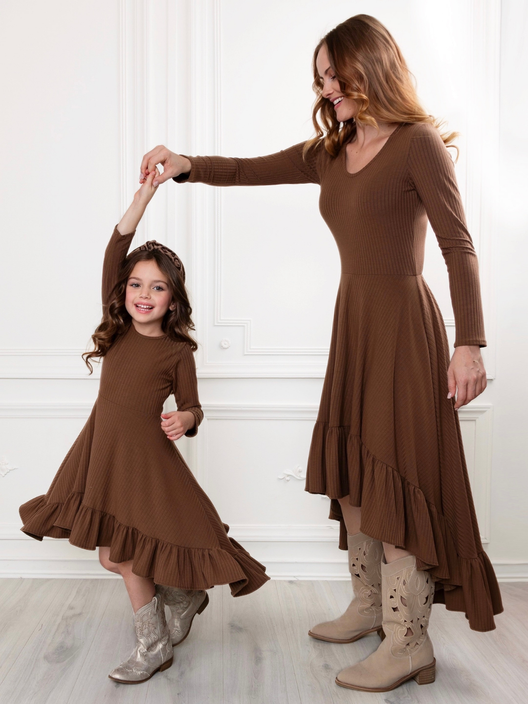Mommy and Me Brown Ruffled Rib Hi-Lo Twirl Dress