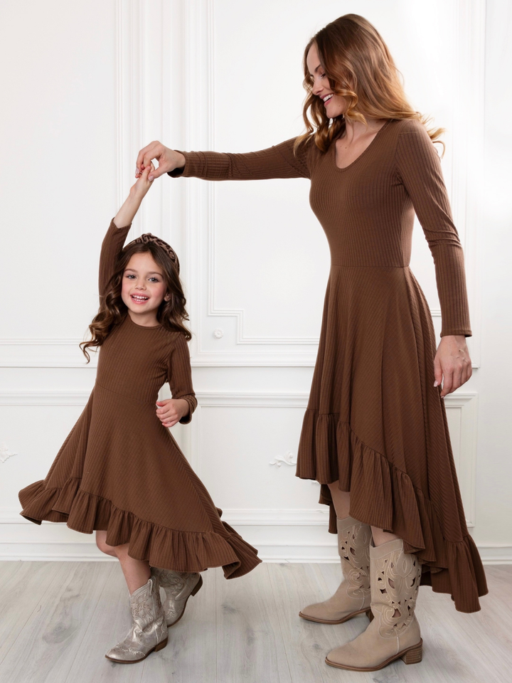 Mommy and Me Brown Ruffled Rib Hi-Lo Twirl Dress