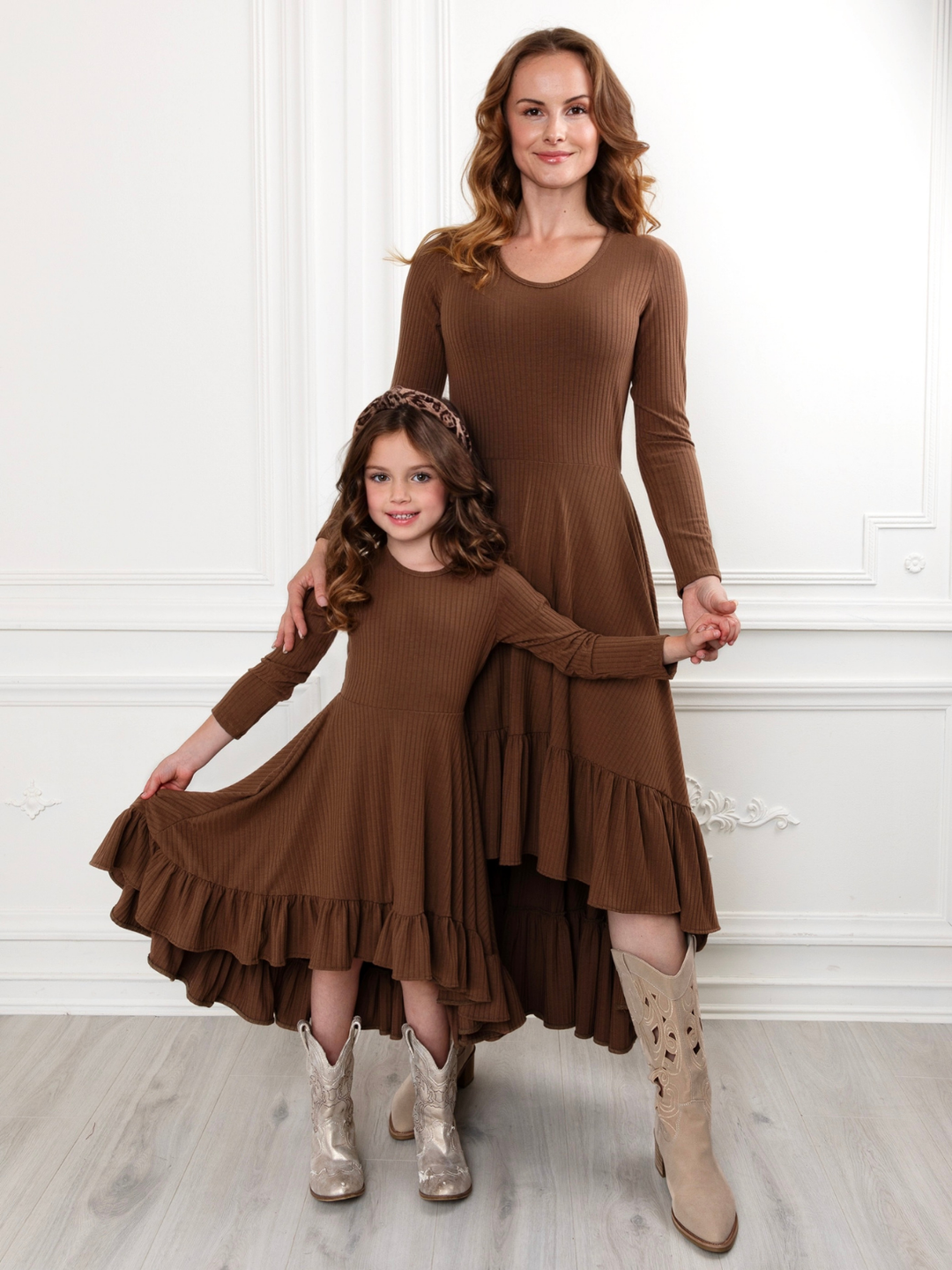 Mommy and Me Brown Ruffled Rib Hi-Lo Twirl Dress