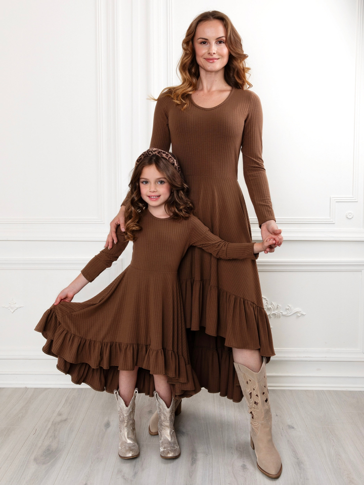 Mommy and Me Brown Ruffled Rib Hi-Lo Twirl Dress