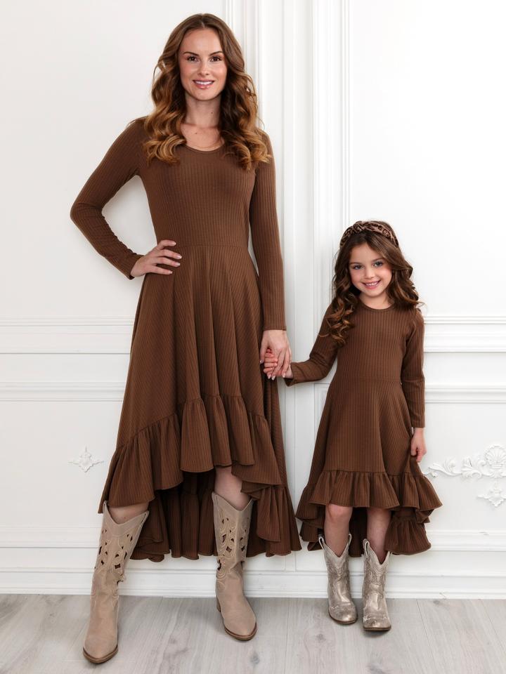 Mommy and Me Brown Ruffled Rib Hi-Lo Twirl Dress