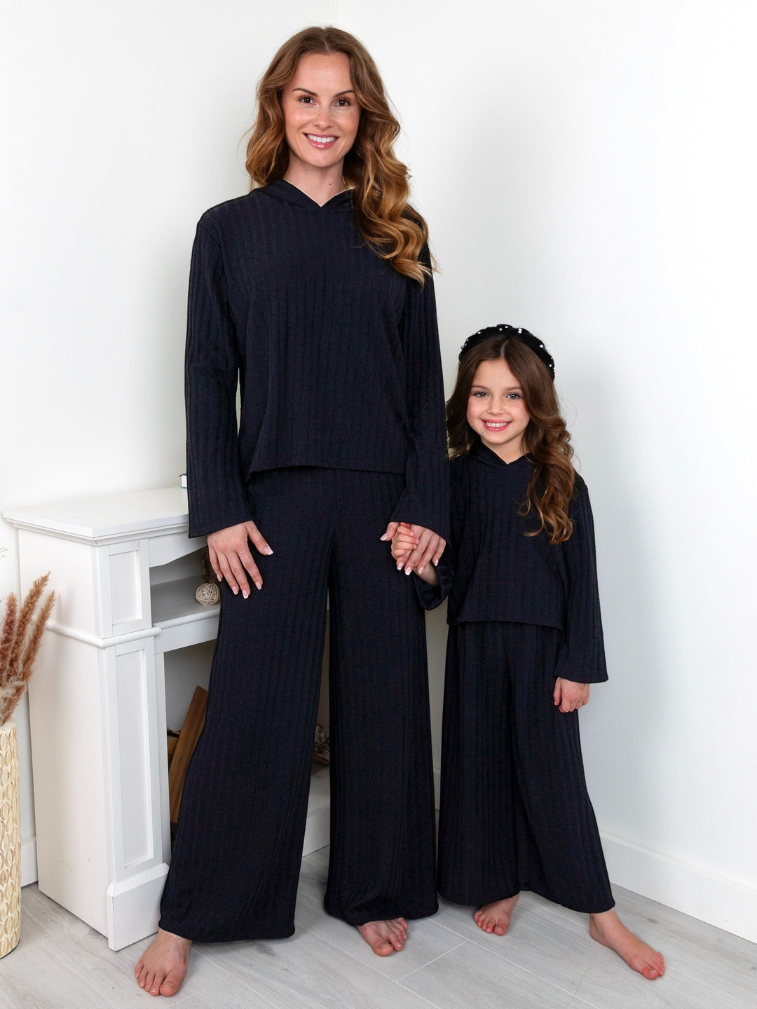 Mommy and Me Chic In Sync Black Ribbed Hooded Pant Set