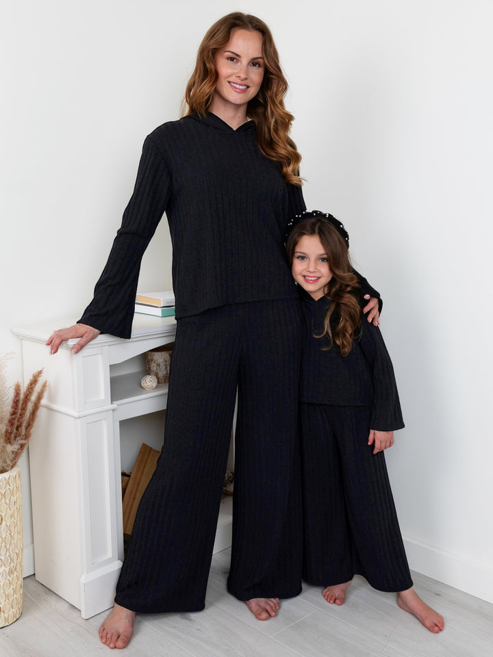 Mommy and Me Chic In Sync Black Ribbed Hooded Pant Set