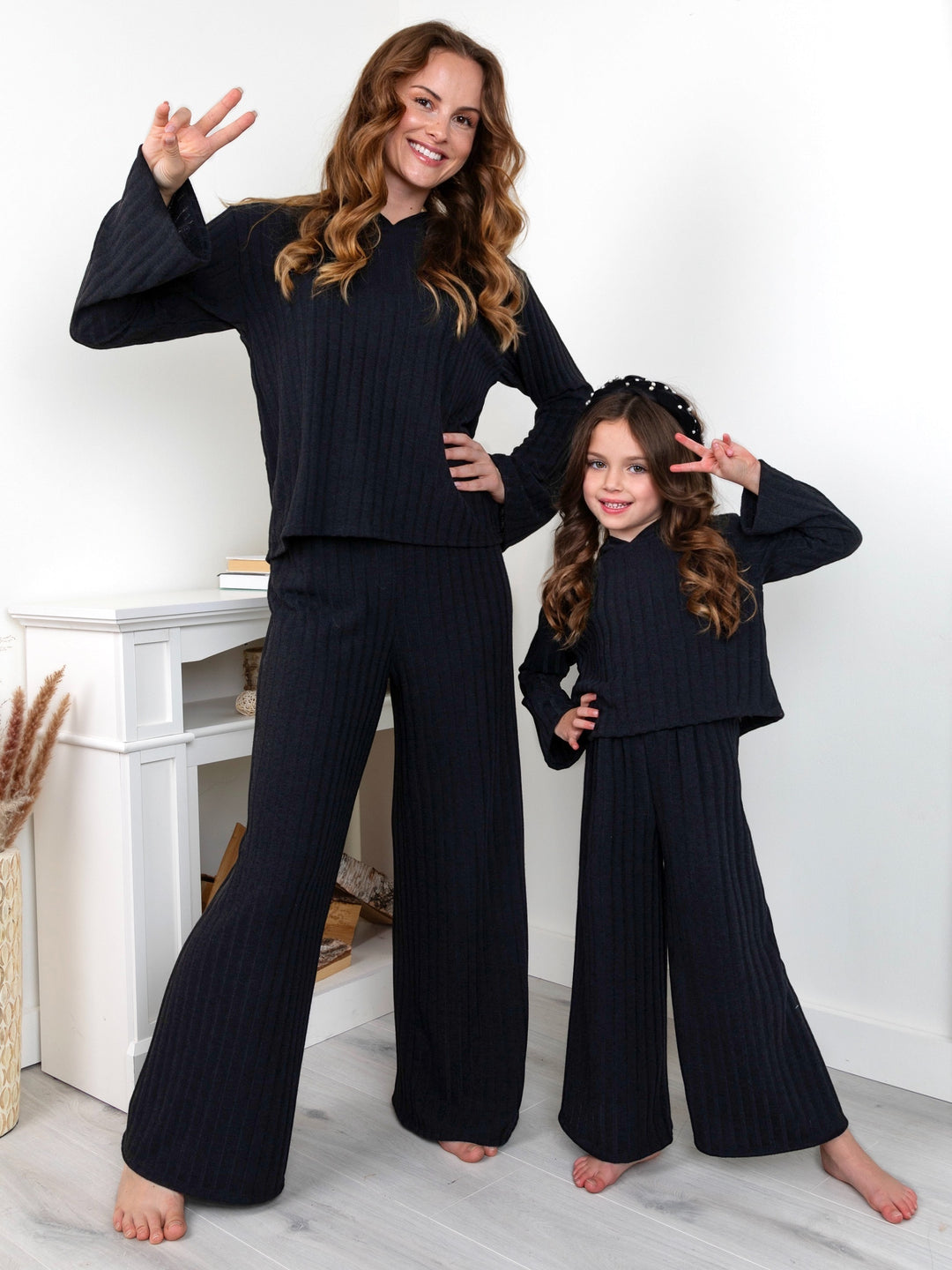 Mommy and Me Chic In Sync Black Ribbed Hooded Pant Set