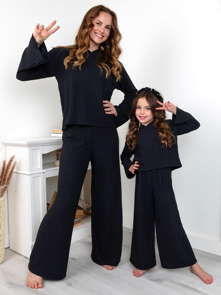 Mommy and Me Chic In Sync Black Ribbed Hooded Pant Set