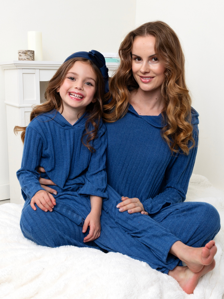 Mommy and Me Cozy Together Blue Ribbed Hooded Pant Set