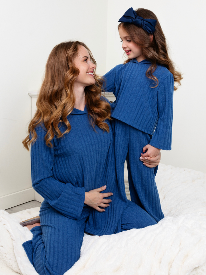 Mommy and Me Cozy Together Blue Ribbed Hooded Pant Set