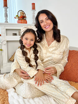 Mommy and Me Cream Leopard Print Silky Pajama Set