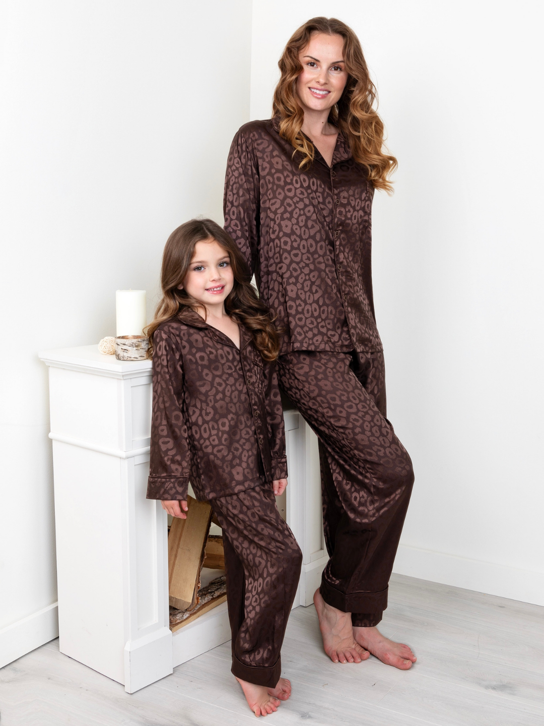Mommy and Me Brown Leopard Print Silky Pajama Set
