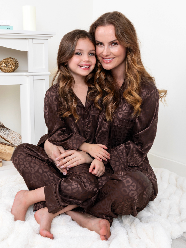 Mommy and Me Brown Leopard Print Silky Pajama Set