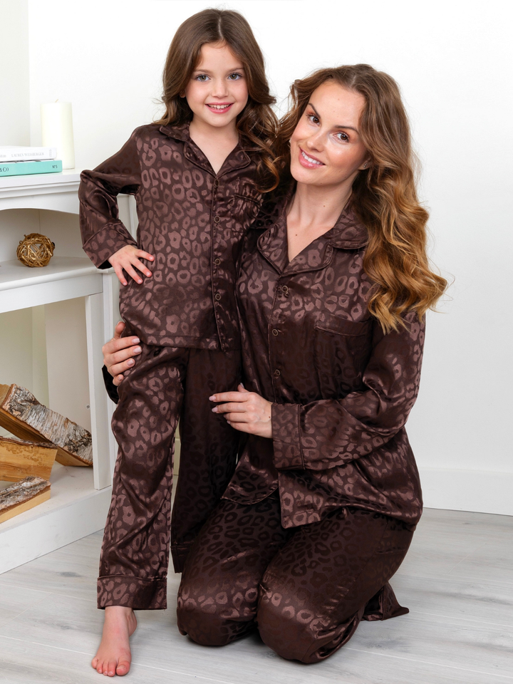 Mommy and Me Brown Leopard Print Silky Pajama Set