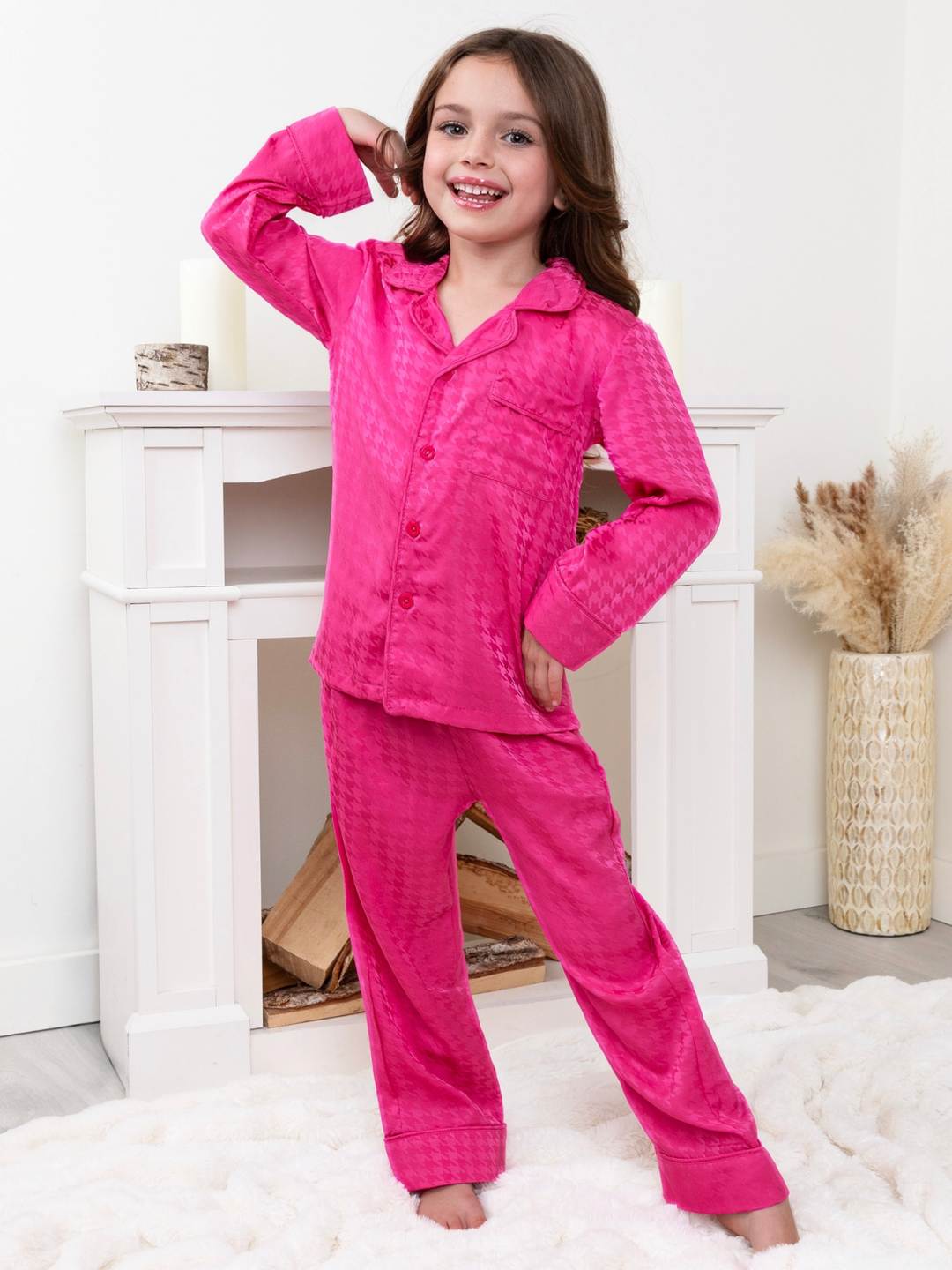 Mommy and Me Houndstooth Pink Silky Pajama Set