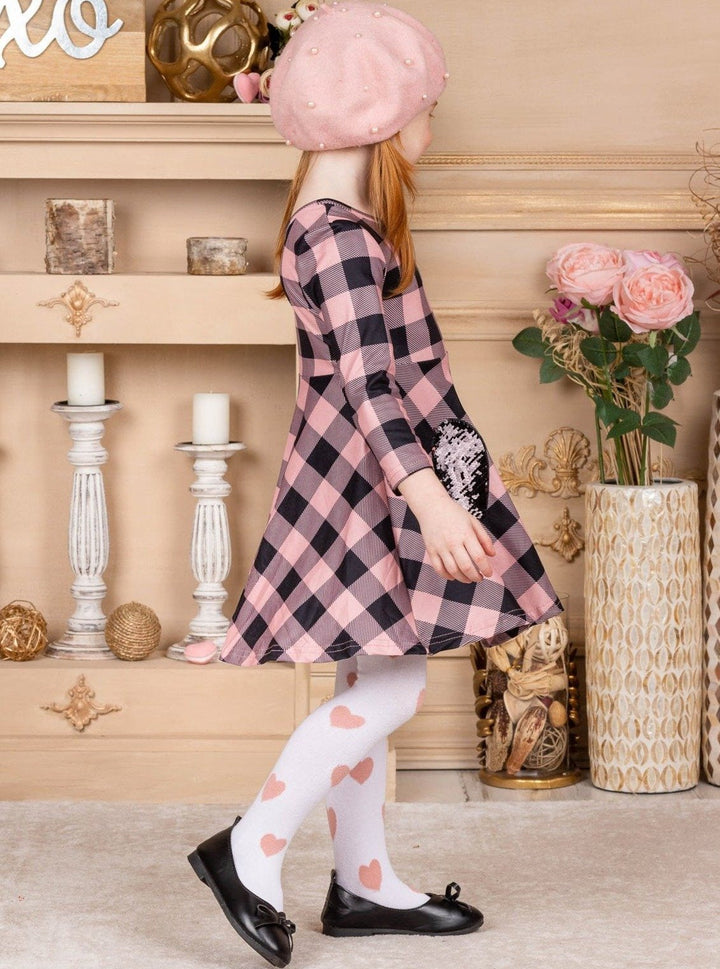Kids Valentine's Clothes | Plaid Sparkle Pocket Dress & Knee Socks Set