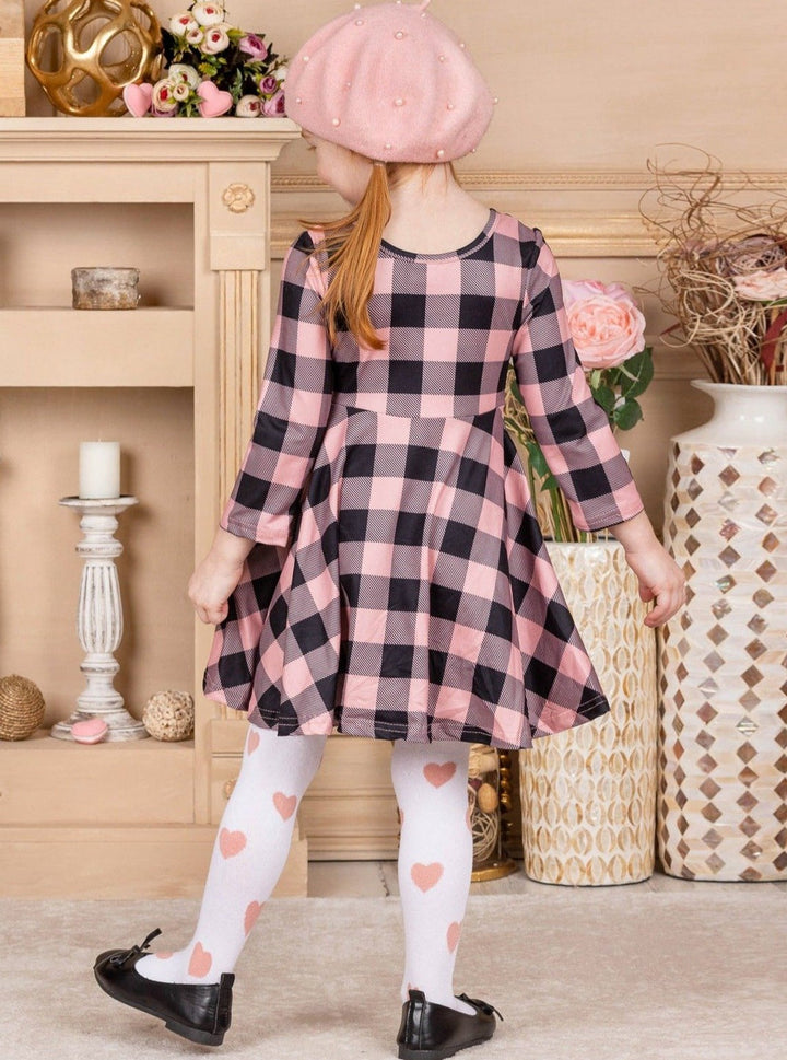 Kids Valentine's Clothes | Plaid Sparkle Pocket Dress & Knee Socks Set